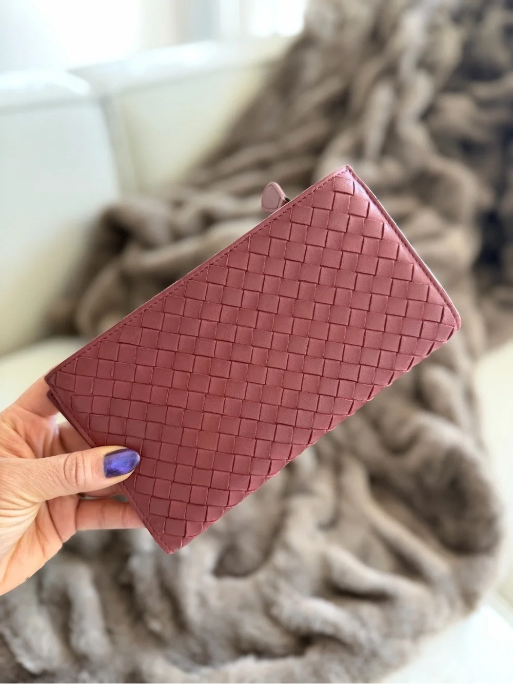 Bottega Veneta Dusty Pink Intrecciato Woven Leather Continental Long Wallet